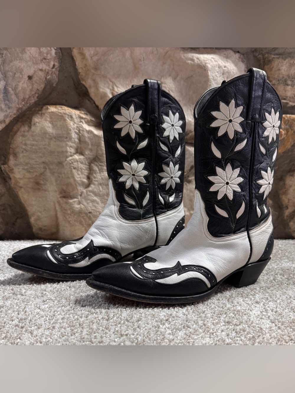 Tony Lama Black & White Floral Inlay Western Boots